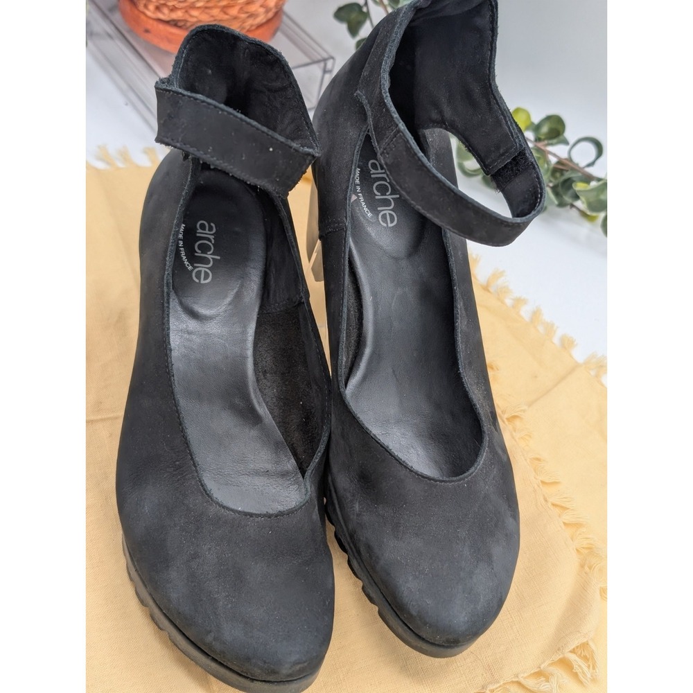 Arche France Black Nubuck Leather Ankle Strap Chunky Block Heel Pumps EU 40 US 9